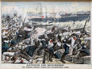 Russisch-Japanse oorlog - Japanse aanval op Russische loopgraven bij Mukden, Russisch-Japanse oorlog. Rond Moukden. De Japanners bestormen de Russische loopgraven. Illustratie voor Le Petit Journal, 2 oktober 1904. door French School