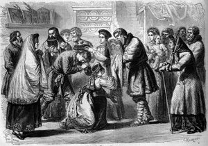 Russisch gebruik - Huwelijk - 1860: pre-huwelijksceremonie. Peetvader en peetmoeder zegenen toekomstige huwelijken. De peetvader presenteert hen het beeld van Christus of de Maagd, symbool van religieuze wijding. De peetmoeder houdt brood en zout boven het door French School