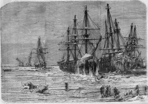 Russische schepen vast in het ijs, bij de monding van de Dnjepr in de Zwarte Zee