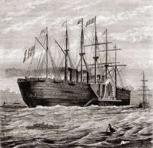 SS Great Eastern, ijzeren zeil-stoomschip ontworpen door Isambard Kingdom Brunel, uit Les Merveilles de la Science, gepubliceerd ca. 1870 door French School