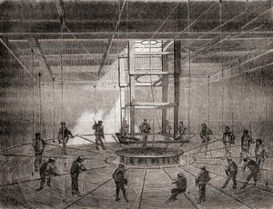 Matrozen en arbeiders die de trans-Atlantische telegraafkabel oprollen in de bilgetanks van de S.S. Great Eastern door French School