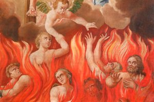 Saint-Nicolas de Veroce kerk. Laatste oordeel: de hel. Een groep van de geredden. Schilderij. Frankrijk.