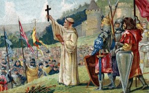 Sint Bernardus van Clairvaux predikt de Tweede Kruistocht in aanwezigheid van koning Lodewijk VII en koningin Alienor van Aquitanië en abt Suger, in Vézelay in Bourgondië op 31 maart 1146. door French School