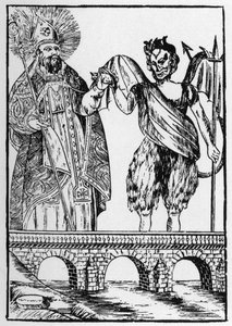 Saint Cado (of Cadoc of Catuod of Catoc of Cazut of Cadochus) legendarische christelijke heilige geeft een kat aan de duivel in ruil voor het bouwen van een brug - populaire afbeeldingen Perret. door French School