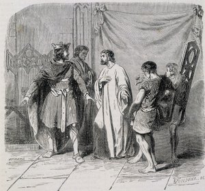 Sint Eloi en Dagobert: Dagobert was verbaasd toen Eloi hem de tweede stoel introduceerde - gravure 19e eeuw door French School