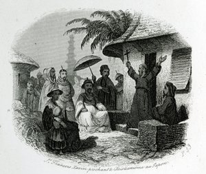Sint Francois Xavier predikt het christendom in Japan. Gravure ter illustratie van Geschiedenis en Beschrijving van Japan door Pere de Charlevoix, A.Mame et Compagnie uitgevers, Tours.