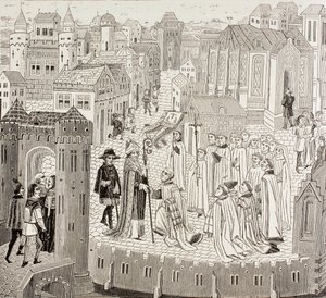 Sint Gaugericus, bisschop van Cambrai, arriveert in de stad voor zijn benoeming, uit 