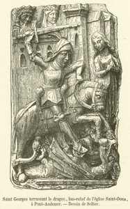Sint-Joris die de draak verslaat, bas-reliëf van de kerk Saint-Ouen, in Pont-Audemer