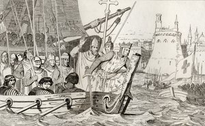 Saint Louis IX leidt zijn troepen in de strijd, uit 