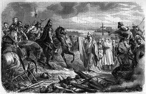 Sint Loup (of Saint-Loup, ca. 383-479), bisschop van Troyes redt de stad van de woede van Attila (ca. 406-453) de koning van de Hunnen in 451 - Barbarse invasies - Gravure in 