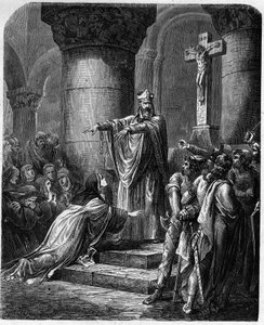 Saint Medard van Noyon (overleden 560) biedt religieuze kleding aan Saint Radegonde (ca. 520-587) vrouw van koning Clothaire door French School