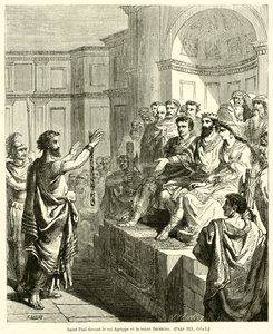 Sint Paulus voor koning Agrippa en koningin Berenice (gravure) door French School