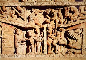 Sint-Pieter ontvangt de gezegenden in de hemel en de verdoemden vallen in de kaken van de hel, detail van het Laatste Oordeel op het Westportaal Tympanum, c.1135 door French School