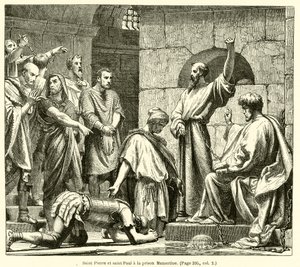 Sint Pieter en Sint Paulus in de Mamertijnse gevangenis (gravure) door French School