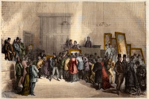 Verkoop van schilderijen in het veilinghuis in Parijs in 1868. Gravure in 