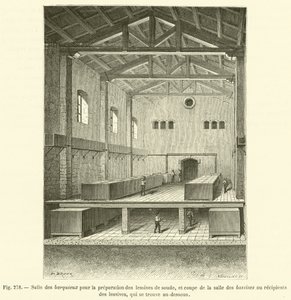 Zaal van de barquieux voor de voorbereiding van soda wasmiddelen, en doorsnede van de bassinszaal door French School