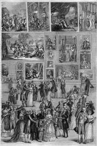 Salon van 1787: uitzicht op de Salon Carré in het Louvre tijdens de schilderijententoonstelling in Parijs. Gravure door Martini in 