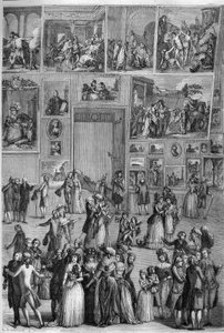 Salon van 1787: uitzicht op de Salon Carré in het Louvre tijdens de schilderijententoonstelling in Parijs. Gravure door Martini in 