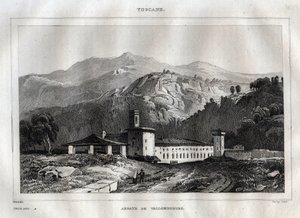 Santa Maria di Vallombrosa Benedictijner abdij gelegen in de gemeente Reggello, in Toscane - Vallombrosa Abdij - Gravure uit "Italy Picturesque" - Historische en Beschrijvende Schildering van Italië" door M. de Norvins, Ch. Nodier 1834-1836. door French School