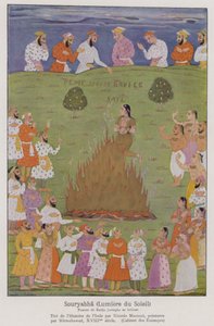 Sati, de traditie van een weduwe die zichzelf opoffert op de brandstapel van haar man in India (kleurenlitho) door French School