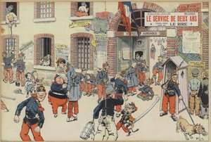 Satire op de invoering van de dienstplicht in het Franse leger. Illustratie voor Le Rire