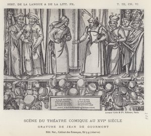 Scène uit het komische theater in de 16e eeuw (litho) door French School