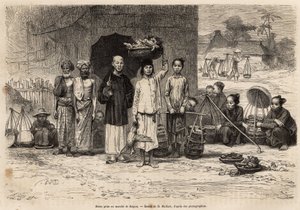 Marktscène in Saigon, gravure naar een tekening van D. Maillard, illustratie van de reis naar Cochinchine, door dokter Morice, in 1872, gepubliceerd in 