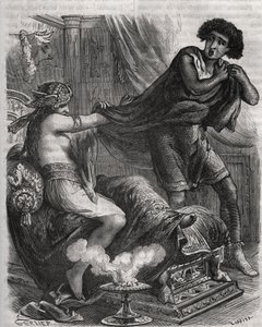 Scène uit de Bijbel: "Ze greep de te deugdzame jongeman bij zijn tuniek". De vrouw van Putiphar probeert Jozef, een slaaf van de farao, te verleiden. Gravure uit 1871 in "Histoire Des Cocus Celebres" door Henry de Kock