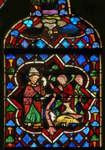 Scène in het oostelijke raam met St. Samson verandert varkens in geiten door French School