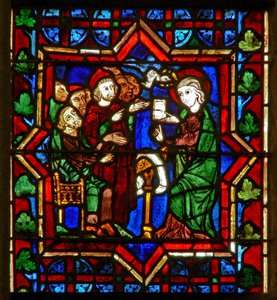 Scène in het oostelijke raam met een scène uit het leven van St. Catharina: met de filosofen door French School