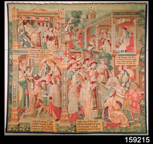Scènes uit het leven van St. Remigius (d.533) bisschop van Reims: Het wonder van het testament van de rijke man en de opstanding van een dode man, 1531 door French School