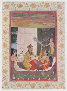 Scheherazade gevangen door de koning, illustratie uit De Arabische Nachten, 1895 door French School