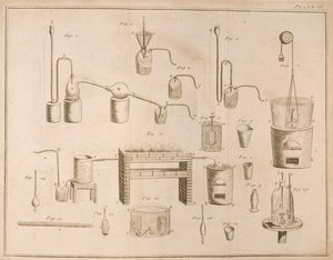 Wetenschappelijke apparatuur, uit The Elements of Chemistry door Antoine Laurent de Lavoisier (1743-94) gegraveerd door D. Lizars, 1796 door French School