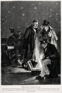 Wetenschappelijk experiment: de berekening van de geluidssnelheid, door Humboldt, Louis-Joseph Gay-Lussac, Bouvard, Prony en Mathieu, die de tijd bepalen tussen de waarneming van licht en die van een geweerschot, 