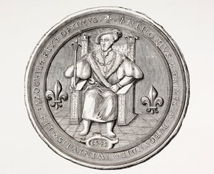 Zegel van de Koning van de Basoche, de leider van het gilde van juridische klerken van het Parijse rechtssysteem, uit Les Arts au Moyen Age, gepubliceerd 1873 door French School