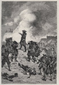 Sébastien Le Prestre, heer van Vauban, maarschalk van Frankrijk, verdedigt Brest tegen een aanval van de Engelse vloot in 1695 - gravure in 