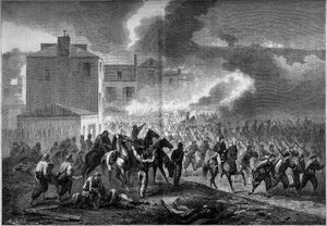 Secessieoorlog (1861-1865) of Amerikaanse Burgeroorlog: evacuatie van de stad Corinth (Mississippi) in 1862. Gravure in 