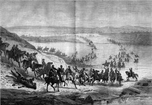 Secessieoorlog (1861-1865) of Amerikaanse Burgeroorlog: oversteek van de Potomac door de zuidelijke cavalerie van Generaal Stuart. Gravure in 