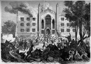 Secessieoorlog of Amerikaanse Burgeroorlog (1861-1865) - New York - juli 1863: verzet tegen dienstplicht, opstanden staken het asiel van de gekleurde wezen in New York City in brand tijdens de 
