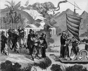 Tweede opiumoorlog tussen Frankrijk en Engeland en China (1858-1860): Chinese karikatuur van het conflict. Een boot is klaar om de kust te naderen onder de spottende blik van een groep Chinezen. Aan boord van de boot, twee personages die Frankrijk (links)  door French School