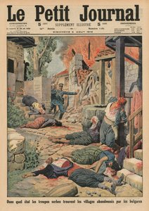 Servische troepen arriveren in de dorpen verlaten door de Bulgaren, voorpagina illustratie uit 