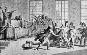 Zitting van de wetgevende macht in de orangerie van St Cloud: verschijning van Bonaparte en bevrijdingsdag van de 18e mistjaar VIII in de Kamer van de Raad van Vijfhonderd (Vijfhonderd) (Kamer van 500) door French School