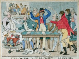 Zeven tegen één, of Het Vaccinatiecomité, ca. 1800 door French School