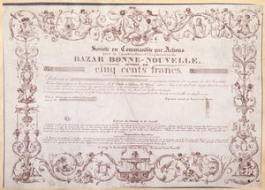 Aandeelbewijs voor 500 francs voor de Bazar Bonne-Nouvelle, 1836 door French School