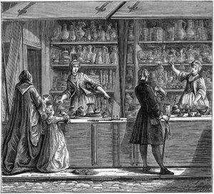 Winkel van een tinnegieter in de 18e eeuw. Gravure in 
