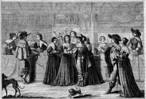 Winkels in de Galerie du Palais (Parijs), midden 17e eeuw. Van links naar rechts: een boekwinkel, een fourniturenwinkel en een winkel met waaiers, handschoenen en kant. Gravure door Foulquier in 