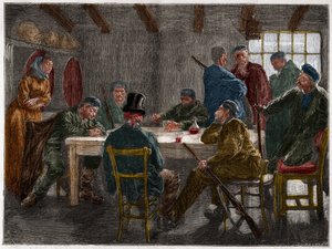 Siciliaanse maffia in de 19e eeuw: Verhoor van een landeigenaar door Siciliaanse maffiosi in 1873. Gravure uit 1873. door French School
