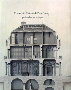Dwarsdoorsnede door het midden van het Chateau de Petit-Bourg, met zicht op de salon