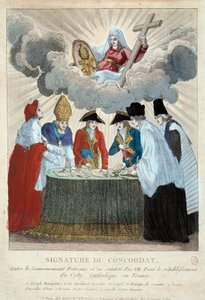 Ondertekening van het Concordaat van 1801 op 15/07/1801: het is ondertekend tussen de Franse regering (hier vertegenwoordigd door Joseph Bonaparte) en de Heilige Stoel (vertegenwoordigd door kardinaal Consalvi voor paus Pius VII). 1801 Parijs, Musee Carnav door French School