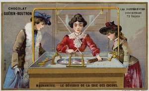 Zijdeproductie. Het spinnen van de vezels op een spoel door French School